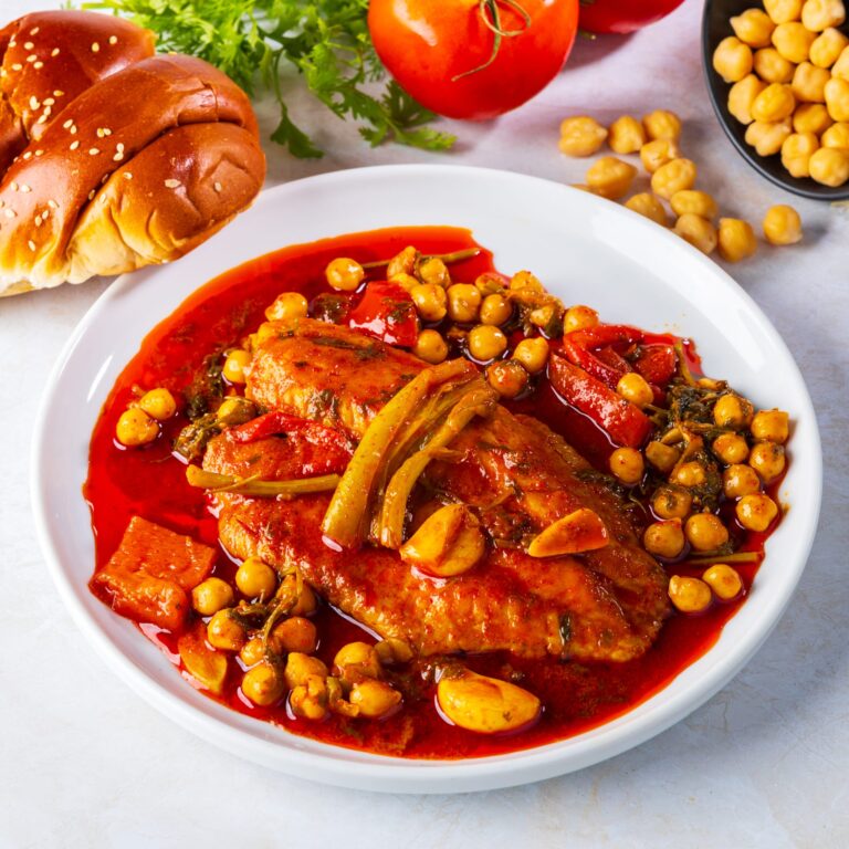 פילה דג ברוטב אדום עם גרגירי חומוס ופלפלים